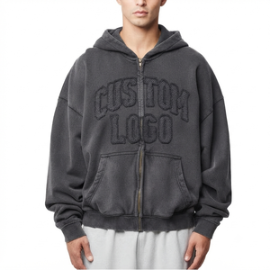 2026 Customized Embroidered Digital <b>Zip</b>-Up Men's Solid Fleece Hoodie 100% Cotton Oversized Fit Eco-Friendly Breathable Windproof - Product Image 1