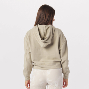 Haut court à capuche personnalisé pour femme, en Spandex, coupe ample, avec logo frontal, style streetwear, beige uni, pour l'automne/hiver, idéal pour la gym - Product Image 2