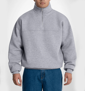 Sudadera Personalizada para Hombre, Gris, con Cierre de Cremallera de un Cuarto, Cuello Alto, Corte Regular, Informal, de Color Sólido, Tejido de Felpa Francesa, para Invierno - Product Image 1