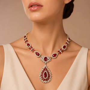 Collar con Colgante de Rubí Chapado en Platino con Diamantes, Diseño Clásico de Flor, Joyería de Boda para Mujer - Product Image 3