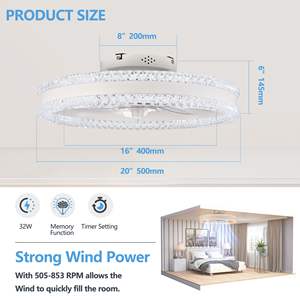 Modern Luxury 20\" <b>LED</b> <b>Ceiling</b> <b>Fan</b> <b>Light</b> Double Ring Flush Mount Design Hidden Blades Dimmable Lighting Remote Control Low <b>Fan</b> - Product Image 4