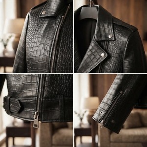 Veste moto en cuir véritable noir gaufré crocodile pour femme, manches longues, col rabattu, automne, longueur normale, fermeture éclair - Product Image 6