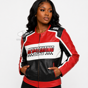 Delta |   Sigma |   Blouson de course pour femme Theta en cuir véritable, fermeture éclair sur le devant, brodé, style motard, vêtement d'extérieur pour le sport automobile - Product Image 5