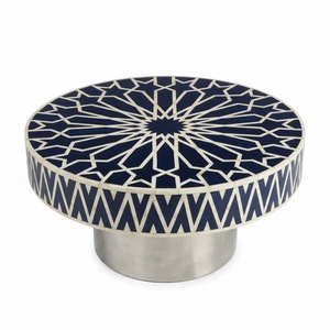 Mesa de Centro Redonda con Incrustaciones de Hueso, Hecha a Mano, Color Azul Marino, Geométrica, con Base de Pedestal de Metal Moderno, Muebles para Sala de Estar - Product Image 1