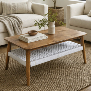 Mesa de Centro Moderna de Madera Maciza de Mango con Estante de Almacenamiento Tejido en Acabado Natural para Sala de Estar - Product Image 1
