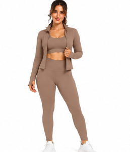 Custom Women 3 Piece Yoga Set Wholesale Fitness Gym Workout <b>Leggings</b> <b>Crop</b> Top Jacket Quick Dry Breathable Stretch Activewear - Product Image 1