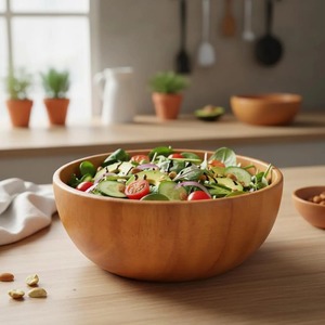 Bol de service de luxe en bois d'acacia massif, fait main, de qualité alimentaire, écologique, compatible lave-vaisselle, sans plomb, pour salades, pâtes, pain et en-cas - Product Image 2