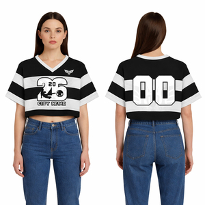 Women Cropped Baseball Jersey T Shirt Custom Logo Sports Crop Top V Neck Striped Short Sleeve Streetwear Casual Summer Tee - Product Image 1