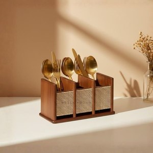 Porta utensilios de madera rústico, organizador de cubiertos, soporte para cucharas, tenedores y cuchillos, caja de madera para almacenamiento en la encimera de la cocina - Product Image 1