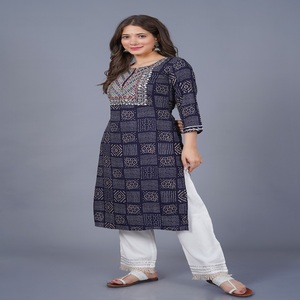 <b>Women</b> Blue Bandhani Printed Embroidery Work Yoke On Neck Kurti with , 3/4 Sleeves Casual Ethnic Wear Straight <b>Kurta</b> - Product Image 6
