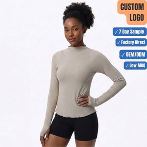 Camiseta de Yoga para Mujer con Logotipo Personalizado, Manga Larga, Cuello Alto, Ajustada, Tejida, Elástica, para Gimnasio, Capa Base Térmica - Product Image 1