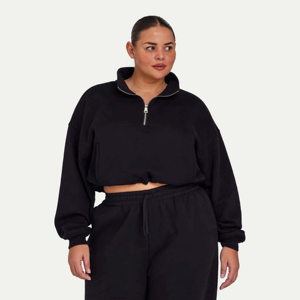 Sudadera negra corta de mujer con media cremallera, manga larga, cuello redondo de forro polar, oversize para gimnasio - Product Image 3