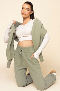 Pantalon de survêtement en molleton vert olive pour femmes grandes tailles, taille haute, coupe droite ample, longueur intégrale, décontracté, avec poches, pour l'automne - Product Image 5