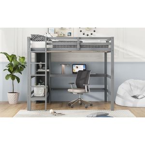 Full Size Gray Loft <b>Bed</b> with Multifunction Shelves and <b>Underbed</b> Desk for Small Spaces - Product Image 5
