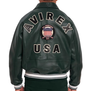 Chaqueta Bomber de Cuero Genuino Verde Impermeable para Hombre Avirex, con Logotipo Bordado en Lona, Cuello Camisero, Cierre de Cremallera, Estilo Urbano - Product Image 5