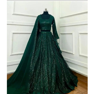 Ensemble Lehenga Choli traditionnel en coton vert foncé avec sequins pour filles, tenue de mariage et de fête de créateur avec dupatta - Product Image 1
