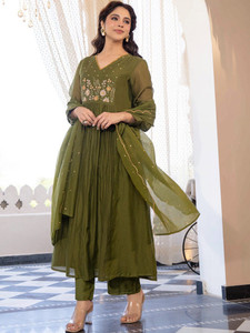 <b>Women</b> Olive Green Silk Blend Embroidered Knee-Length Quick Dry Digital Print <b>Kurta</b> Set Trousers Traditional Indian Pakistani - Product Image 5