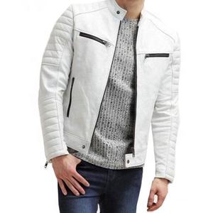 Chaqueta de motorista de cuero de piel de oveja pura 100% de alta calidad para todas las estaciones para hombre, chaqueta de moto de cuero blanco curtido - Product Image 4