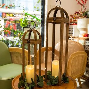 Rustic Wooden Candle <b>Lantern</b> <b>Set</b> of 2 Vintage Arched <b>Lanterns</b> with Thermal Transfer Printed String Lights for Wedding Home Decor - Product Image 1