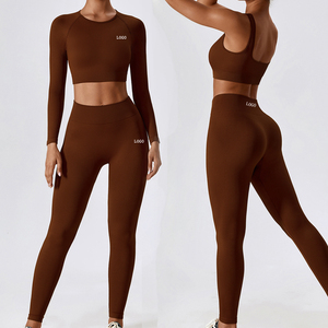 3 Pieces Seamless Spandex Sports Yoga Set Workout <b>Long</b> Sleeve Crop <b>Tops</b> Activewear Gym Fitness Apparel with Front Logo for <b>Women</b> - Product Image 3