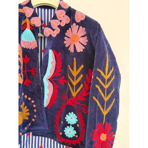 SHYAM EXPORT Knitted Hand Embroidered Velvet Cotton <b>Short</b> Varsity Pullover <b>Jacket</b> Floral Pattern Mandarin Collar Full <b>Sleeve</b> - Product Image 2