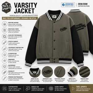 Chaqueta Varsity Personalizada con Bordado, de Lana/Poliéster, con Calefacción, para Hombre, Color Verde Oliva con Mangas Negras, Estilo Casual, para Invierno - Product Image 3