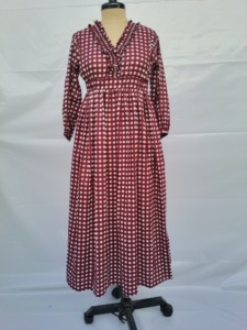 Vestido Maxi de Algodón a Cuadros Color Granate para Mujer, Cuello Fruncido, Manga Larga, Corte Holgado, Vestido Cómodo para Verano - Product Image 1