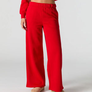 Pantalon en molleton rouge pour femme à prix abordable, coupe large, taille haute élastique, longueur intégrale, ample, décontracté, couleur unie, avec logo brodé, idéal pour l'automne - Product Image 5