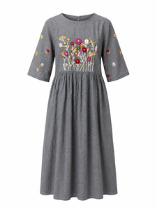 Vestido Maxi Casual de Algodón Bordado para Mujer, Manga Tres Cuartos, Estilo Vintage para Vacaciones - Product Image 4