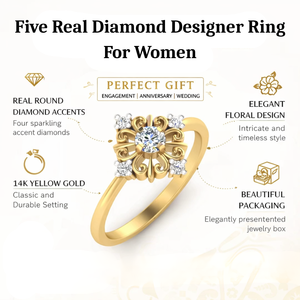 Anillo de Aniversario de Diseño con Cinco Diamantes Reales para Mujer, Oro Amarillo de 14K | Anillo de Joyería Elegante con Diseño Floral para Regalo de Compromiso o Boda - Product Image 5