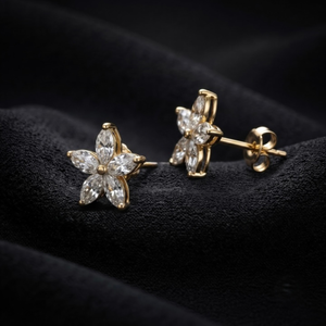 Pendientes de botón de flor de moda chapados en oro de 18K con moissanita marquesa plateada, joyería perforante para mujer, para fiesta - Product Image 2