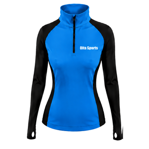 <b>Women</b> <b>Quarter</b> <b>Zip</b> Athletic Top Blue Long Sleeve Fitted Sports Training Shirt High Collar Thumbhole Performance Activewear - Product Image 1