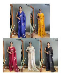 Magnifique collection de saris et chemisiers en fausse soie Georgette avec motif floral et végétal imprimé à la main, fournisseur de Surat - Product Image 2