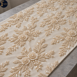Tissu de robe brodé de perles d'ivoire avec des motifs floraux dimensionnels et des détails de perles en forme de feuilles |   Textile décoratif pour robes de mariée - Product Image 3