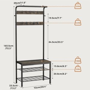 Meuble d'entrée 4-en-1 avec banc à chaussures et porte-manteau, organisateur de rangement gris - Product Image 3
