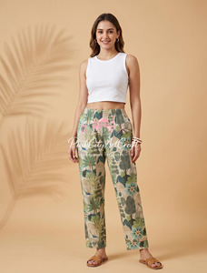 Handmade 100% Cotton Flock Print Summer Eco-Friendly Breathable Comfortable Blue <b>Floral</b> <b>Trousers</b> Indian Women Casual Pants - Product Image 1