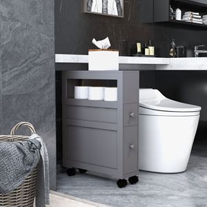 Armadio da bagno grigio stretto porta carta igienica salvaspazio con ruote rotolanti e cassetti mensole del bagno - Product Image 2