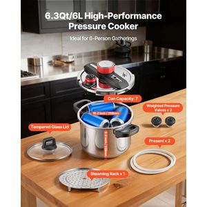 Olla a Presión de Acero Inoxidable de 6.3 Qt con Tapa de Vidrio Templado y Rejilla para Cocinar al Vapor, Olla a Presión Triple - Product Image 4