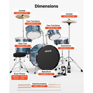 Set Batteria Junior 5 Pezzi 22 Pollici per Principianti con Sgabello Regolabile, Piatti e Bacchette per l'Apprendimento Musicale - Set Batteria per Bambini - Product Image 2