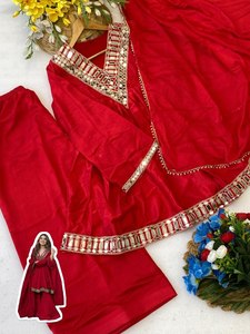 Premium Chinon Fabric <b>Kurti</b> Plazzo Set with Heavy Mirror Neck Design - Product Image 3