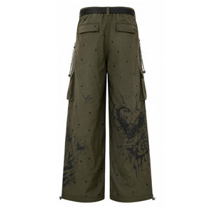 <b>Gothic</b> Wide Leg Cargo Pants Men High Waist Printed Heart Pattern Elastic Waist Canvas Street Style Breathable Autumn Pants - Product Image 6