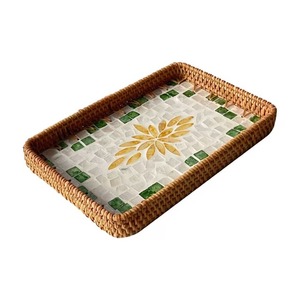 Luxury Mother of Pearl Inlay Rattan Snack <b>Serving</b> <b>Tray</b> Set Handmade Natural Shell Decorative Platter for Ramadan & Eid - Product Image 1