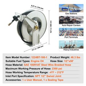 Avvolgitubo Carburante Extra Lungo 1/2'' x 50'' in Acciaio al Carbonio Resistente con Molla, Girevole Automatico, Avvolgimento Retrattile, Ricambi per Pompe Industriali - Product Image 4