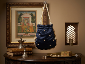 Navy <b>Blue</b> Silk Floral Embroidery Evening <b>Clutch</b> with Drawstring Closure Handcrafted Luxury Potli <b>Bag</b> <b>for</b> <b>Wedding</b> - Product Image 2