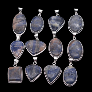 Colliers pendentifs ovales en sodalite naturelle, plaqué argent 925, serti clos, bijoux vintage chrétiens unisexes - Product Image 2