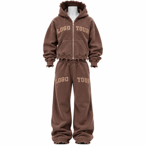 Custom Vintage Streetwear 400gsm Heavyweight Cotton Fleece Zip-Up Hoodie Front Logo Embroidery Unisex Regular Fit <b>Applique</b> - Product Image 5
