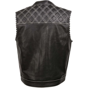 <b>Men's</b> Premium Genuine Cowhide Leather Motorcycle <b>Vest</b> Diamond Quilted Club Style Biker <b>Vest</b> with <b>White</b> Contrast Stitch - Product Image 2