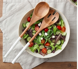 Ensemble cuillère et fourchette à salade en bois avec manche en céramique, design minimaliste, compatible lave-vaisselle, pour la cuisine, la restauration et les fêtes - Product Image 5