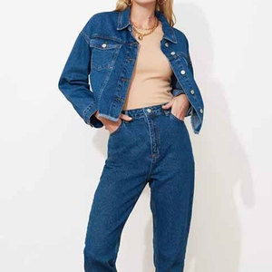 Veste en jean pour femme, style trucker, manches longues, col rabattu, longueur courte, couleur unie, manteau décontracté d'automne, bleu - Product Image 1