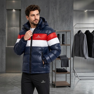 Veste matelassée à capuche pour homme, bleu marine, rouge et blanc, chaude, matelassée, pour l'hiver, veste d'extérieur légère, imperméable, One Apex - Product Image 5